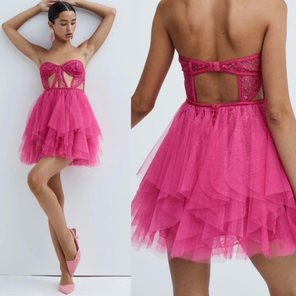 NWT For Love & Lemons Rosario Hot Pink Bustier Mini Tulle Dress Large dolls kill - Picture 2 of 13